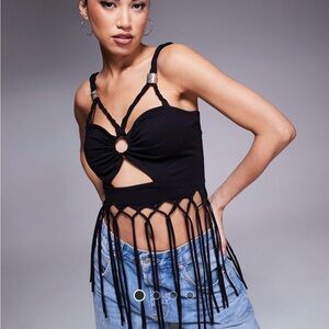 US size 8 Black Fringe Crochet Women Top